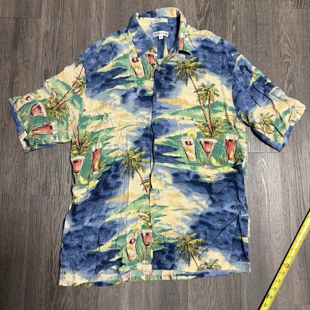 Vtg Pierre Cardin Hawaiian Shirt Sailboat Palm Trees Ocean Mens L‎ Rayon Korea